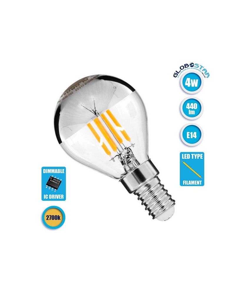 GLOBOSTAR® SPHERE 99101 Λάμπα E14 G45 LED 4W 440lm 320° AC 220-240V IP20 Θερμό Λευκό 2700K Dimmable - Filament Chip - Διάφανο με Ανεστραμμένο Καθρέπτη Νίκελ Χρώμιο - Μ4.5 x Π4.5 x Υ8.1cm - 3 Χρόνια Εγγύηση